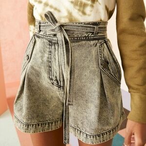 Ulla Johnson Alec Tie-Waist Shorts Acid Wash Denim Green Black Size 10